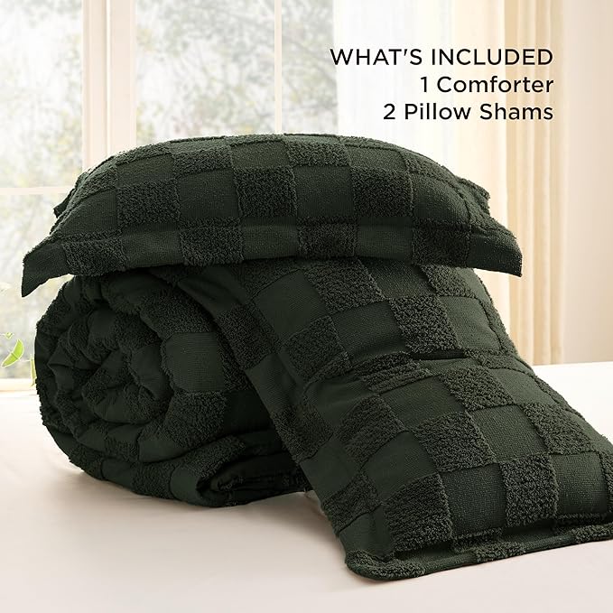 Bedsure California King Size Comforter Set Dark Olive Green, Boho Tufted Bed Set, Checkered Farmhouse Shabby Chic Bedding, 3 Pieces, 1 Plaid Geometric Comforter and 2 Pillow Shams