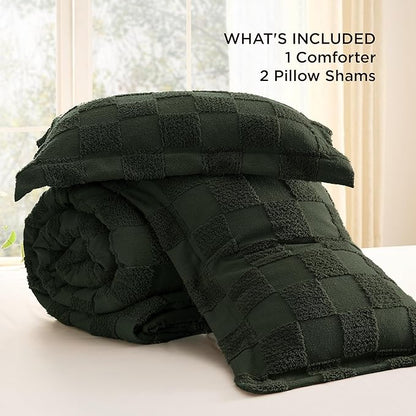 Bedsure Queen Size Comforter Set Dark Olive Green, Boho Tufted Bed Set, Checkered Farmhouse Shabby Chic Bedding, 3 Pieces, 1 Plaid Geometric Comforter and 2 Pillow Shams