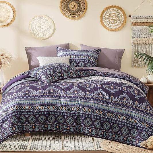 Geniospin King Size Comforter Set- 7 Pieces Boho Bed in a Bag, Western Bedding Set for All Seasons, Soft Aztec Bedding, Lightweight Comforter Bed Set with Sheets, Pillowcases & Shams