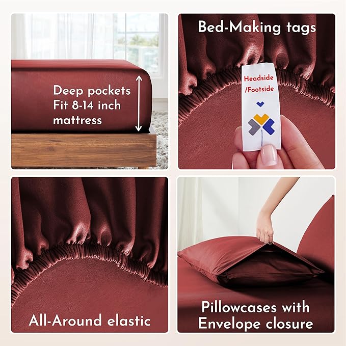 California Design Den King Size Sheets Set - Natural 100% Cotton Sheets King Size with Deep Pockets, Soft Sateen Weave, Breathable and Durable Bedding Set (Brick Red)