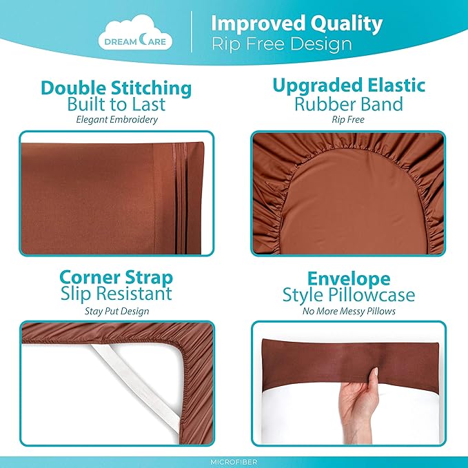 DREAMCARE Twin Sheets - Cooling Bed Sheets - 4pc Set - Deep Pocket - Soft & Long Lasting 100% Polyester with Side Pocket - Brown