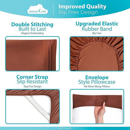 DREAMCARE Twin Sheets - Cooling Bed Sheets - 4pc Set - Deep Pocket - Soft & Long Lasting 100% Polyester with Side Pocket - Brown