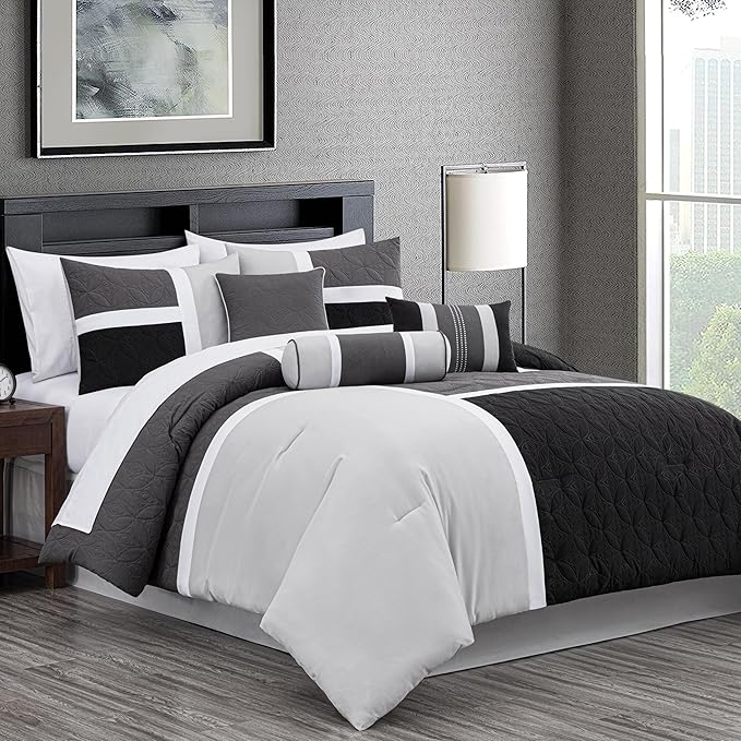 Chezmoi Collection Upland 7-Piece Quilted Patchwork Comforter Set, Black/Gray/Light Gray, Full