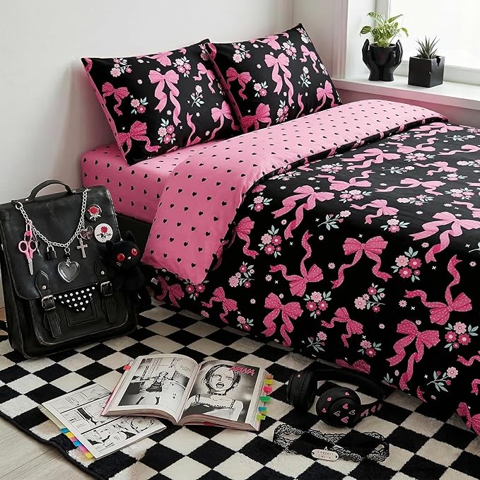 Pink Bow Comforter Set Twin Size, Black Pink Love Heart Bedding Set, 2 Pcs Soft Microfiber Priness Bed Set with 1 Pillowcase, 68"x86"
