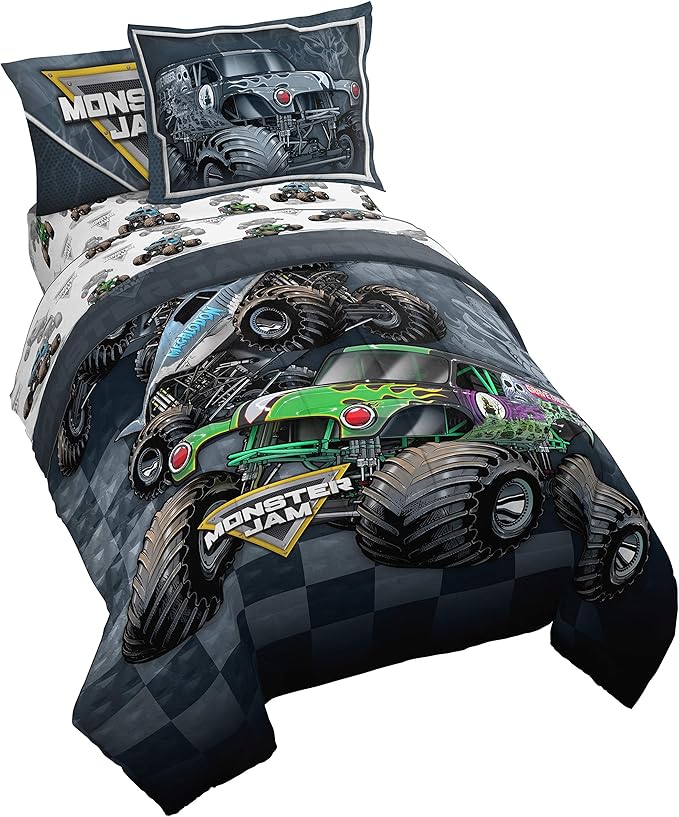 Jay Franco Monster Jam Slash 5 Piece Twin Bed Set - Includes Reversible Comforter&Sheet Set-Bed Set Features Grave Digger&Megalodon-Super Soft Fade Resistant Microfiber