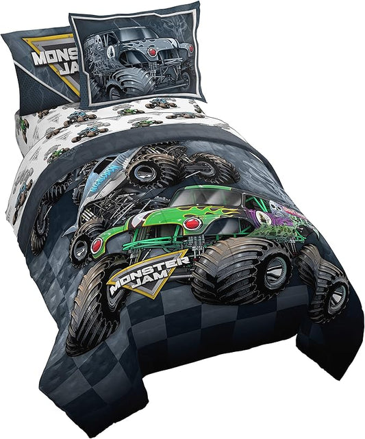 Jay Franco Monster Jam Slash 5 Piece Twin Bed Set - Includes Reversible Comforter&Sheet Set-Bed Set Features Grave Digger&Megalodon-Super Soft Fade Resistant Microfiber