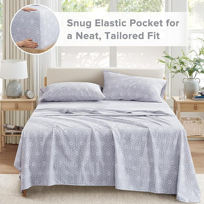 Comfort Spaces 100% Cotton Sheets Queen, Breathable, Naturally Cool Cotton Sheets, Soft Cotton Bed Sheets with 14" Elastic Pocket Fits up to 16" Mattress, All Seasons Sheet Set, Adelia Gray 4 Piece