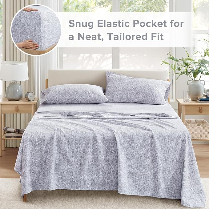 Comfort Spaces 100% Cotton Sheets King, Breathable, Naturally Cool Cotton Sheets, Soft Cotton Bed Sheets with 14" Elastic Pocket Fits up to 16" Mattress, All Seasons Sheet Set, Adelia Gray 4 Piece