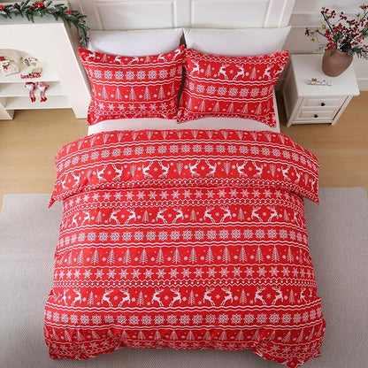 JSD Vintage Christmas Duvet Cover Set King Size, 3 Piece Red Snowflakes Reindeer Snowflakes Printed Microfiber Duvet Comforter Cover with Pillow Sham