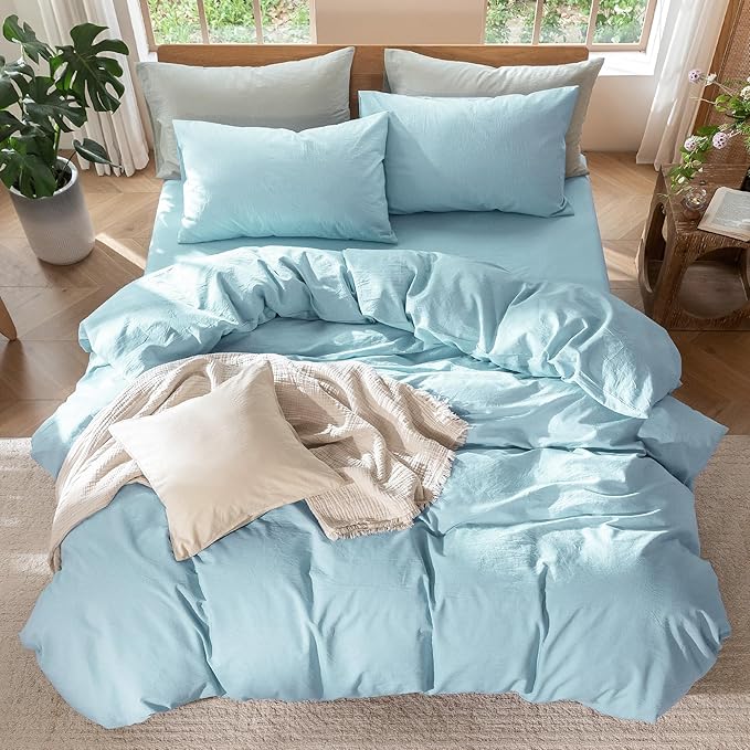 MooMee Bedding Duvet Cover Set 100% Washed Cotton Linen Like Textured Breathable Durable Soft Comfy (Heathered Light Blue, King 104"x90")