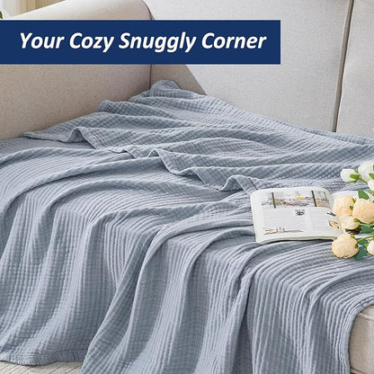 EMME Cotton Muslin King Blanket Bed Layering Bedspread Coverlet Breathable Gauze Soft Lightweight Blankets (Heather Dusty Blue, 108"x90")