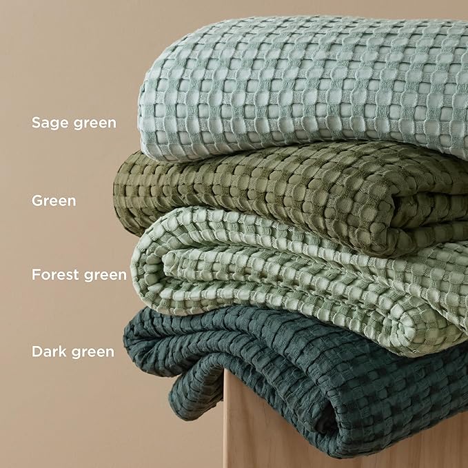 Bedsure Cooling Cotton Waffle Weave Throw Blanket - Lightweight Breathable Blanket of Rayon Derived from Bamboo for Hot Sleepers, Luxury Throws for Bed, Couch and Sofa, Olive Green, 50x70 Inches
