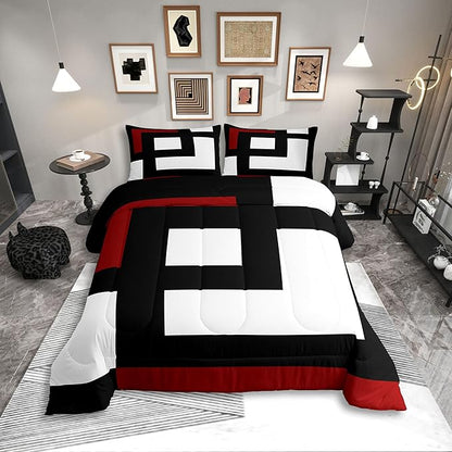 Erosebridal Red Black and White Striped Toddler Comforter Square Abstract Bedding Set Modern Geometric Stripes Bold Lines Duvet Insert Minimalist Stylish Plaids Bed Sets