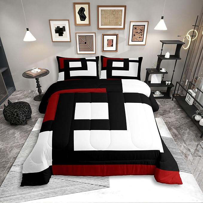 Erosebridal Red Black and White Striped King Bedding Set Square Abstract Comforter Set for Adult Women Men Modern Geometric Stripes Bold Lines Bed Collections Minimalist Plaids Quilt Sets