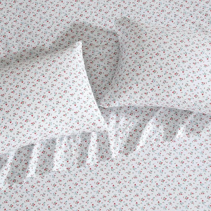 Laura Ashley - Queen Sheet Set, Crisp & Cool Cotton Percale Bedding with Deep Pockets, Lightweight for Year Round Comfort, Bed Sheets with Matching Pillowcases (Aylesmore Ditsy Red)