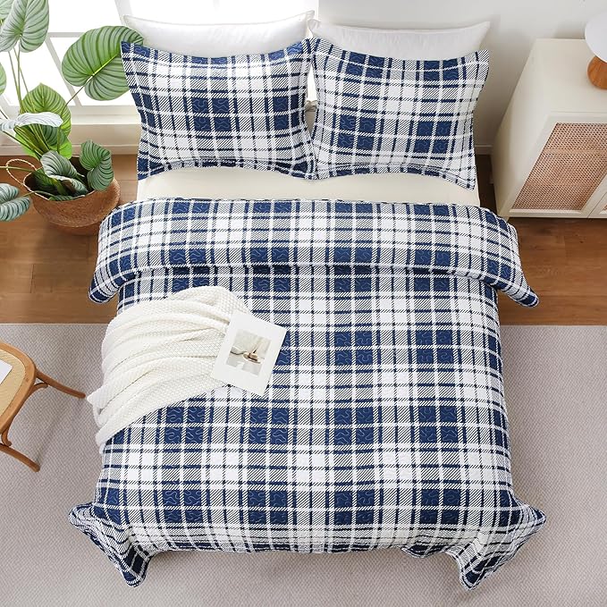 Plaid Quilt Set Queen Size - Ultra Soft Gingham Bed Quilts with 2 Pillow Shams, Lightweight Reversible Striped Quilted Bedspreads Coverlet 3 Pieces for Summer, 90"×90", Blue White