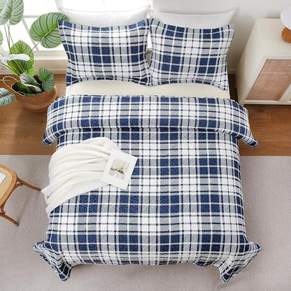 Plaid Quilt Set Queen Size - Ultra Soft Gingham Bed Quilts with 2 Pillow Shams, Lightweight Reversible Striped Quilted Bedspreads Coverlet 3 Pieces for Summer, 90"×90", Blue White