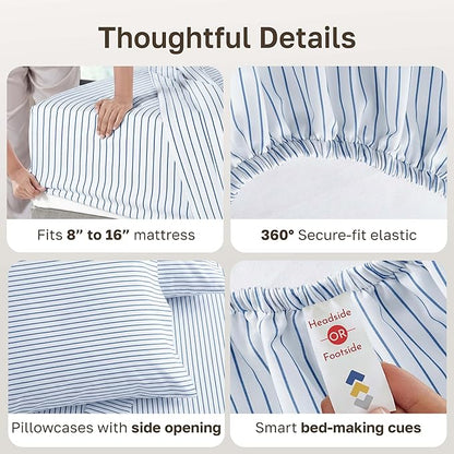 California Design Den Printed Striped Cal King Sheet Set - 600 Thread Count, 100% Cotton Sateen, Premium Deep Pocket California King Sheets - Classic Blue Stripe Print
