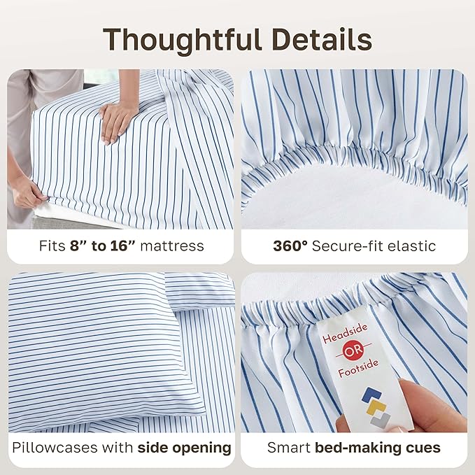 California Design Den Printed Striped Bed Sheets King Size Set - 600 Thread Count, 100% Cotton Sateen, Premium Deep Pocket King Sheet Set - Classic Blue Stripe Print
