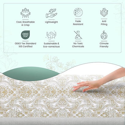 Feather & Stitch Softest 100% Cotton Sheets, 300 Thread Count Percale Weave Bedding, 16" Deep Pocket, Cooling Sheets, Breathable Bed Set, Hotel Premium Quality (Queen, Ivory Paisley)