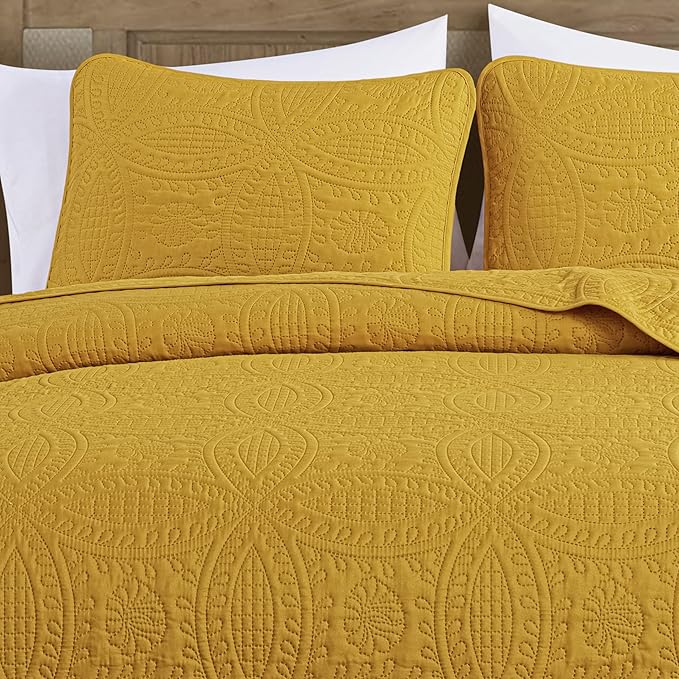 Chezmoi Collection Austin King Bedspread Set 3-Piece Pinsonic Quilted Oversized Bedspread Coverlet Set, King, Mustard | Oversized, Lightweight, Fade Resistant