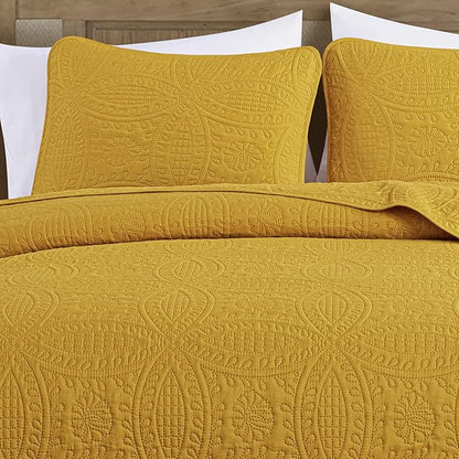 Chezmoi Collection Austin King Bedspread Set 3-Piece Pinsonic Quilted Oversized Bedspread Coverlet Set, King, Mustard | Oversized, Lightweight, Fade Resistant
