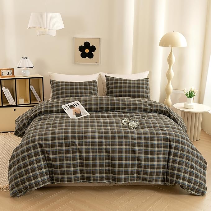 ECOCOTT Buffalo Plaid Duvet Cover Queen Size – 3 Piece Washed Cotton Brown & Blue Bedding Set, Soft & Breathable, Reversible Checkered Design with Zipper Closure & Corner Ties