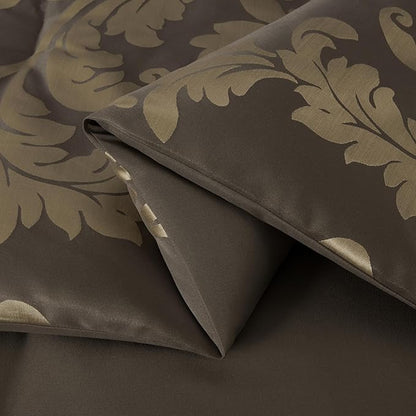 Chezmoi Collection 7-Piece Jacquard Floral Comforter Set (Queen, Coffee/Gold)
