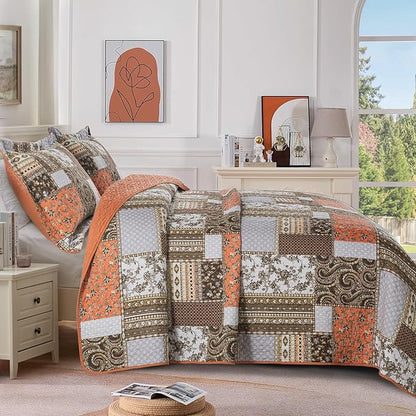 BEDIFANY Cotton Quilts King Size for Farmhouse- Fall Patchwork Bedspread Set - Highly-Woven Soft Reversible King Size Bed Spread for All Seasons (Floral Orange) 3 Pieces