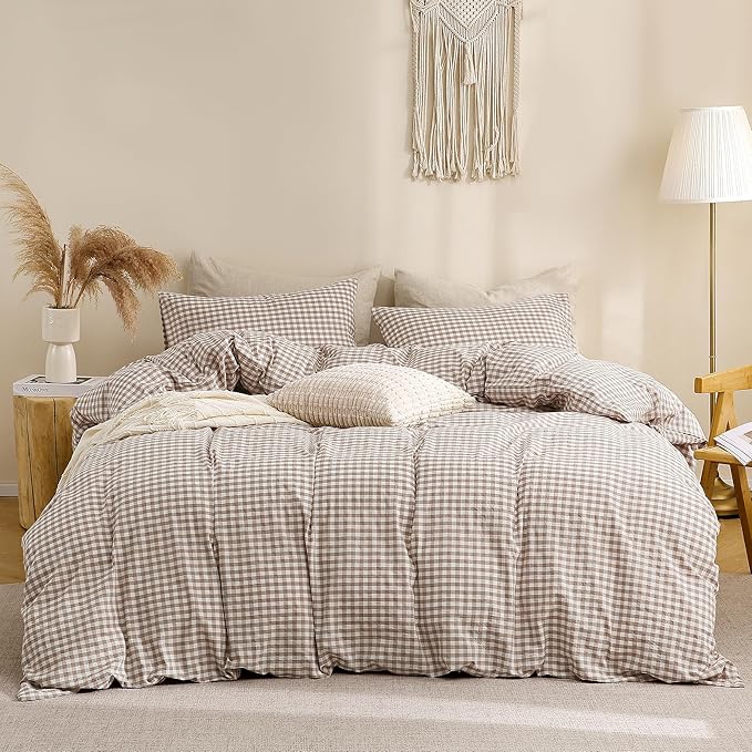TOCOMOA Tan Gingham Duvet Cover Bedding Set 100% Washed Cotton Like Linen Feel Super Soft Comfy 3 Piece Brown Plaid Checkered Comforter Cover Set (Oversized Queen 98"x98", Comforter Not Included)