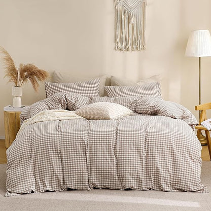 TOCOMOA Tan Gingham Duvet Cover Bedding Set 100% Washed Cotton Like Linen Feel Super Soft Comfy 3 Piece Brown Vintage Plaid Checkered Fall Comforter Cover Set (Queen 90"x90", Comforter Not Included)