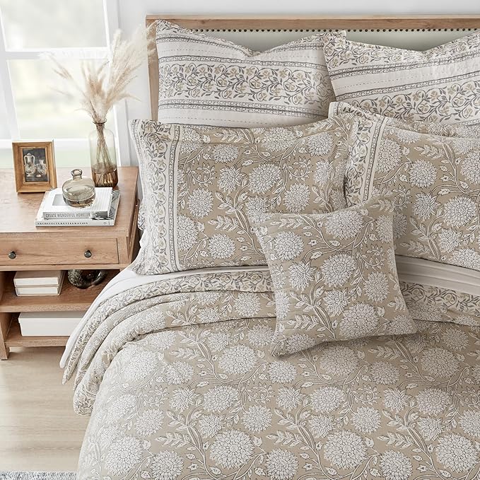 Levtex Home Adare Taupe Reversible Queen Duvet Cover Set (90x94in) with 2 Pillowcases (26x20in) - Floral Bedding - Taupe and White - 100% Cotton Queen Size Duvet Cover Set - Soft, Pre-Washed