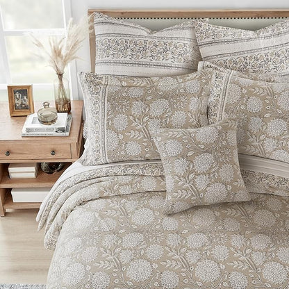 Levtex Home Adare Taupe Reversible Queen Duvet Cover Set (90x94in) with 2 Pillowcases (26x20in) - Floral Bedding - Taupe and White - 100% Cotton Queen Size Duvet Cover Set - Soft, Pre-Washed