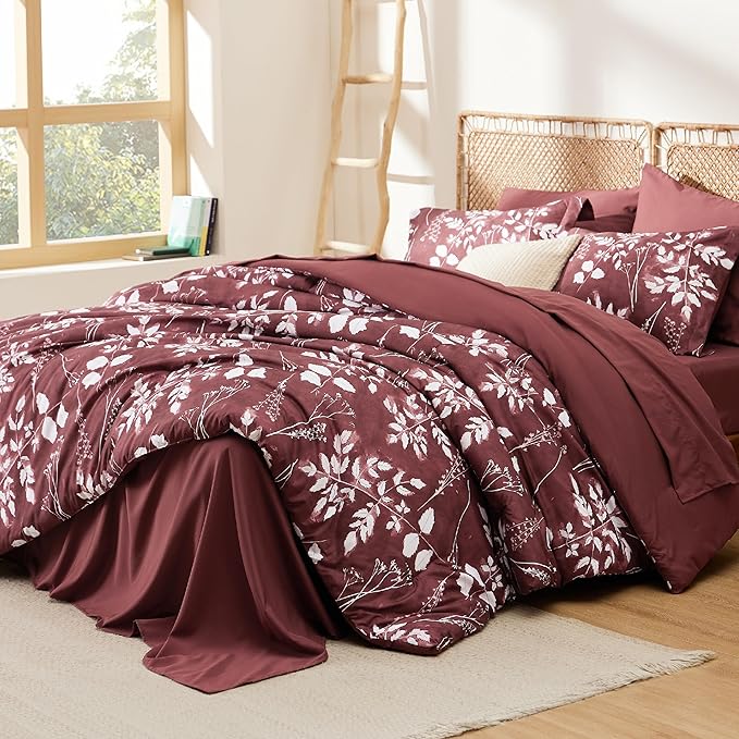 Bedsure Queen Comforter Set - 7 Pieces Floral Burgundy Soft Bedding Sets, Queen Bed in a Bag with Botanical Flowers Comforter, Sheets, Pillowcases & Shams