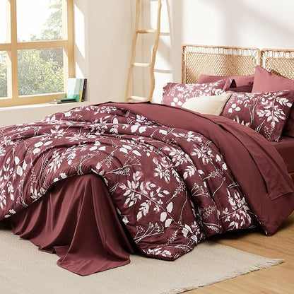 Bedsure Full Size Comforter Set - 7 Pieces Floral Burgundy Soft Bedding Sets, Full Bed in a Bag with Botanical Flowers Comforter, Sheets, Pillowcases & Shams