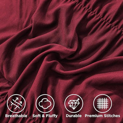 Andency Ruched Burgundy King Size Comforter Set, Shabby Chic Pleated Bedding Sets 3 Pieces, Lightweight Soft Boho Ruffle Bed Set for Girls, Kids, Women, All Season