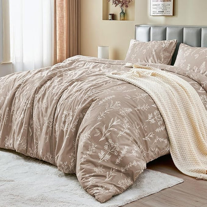MUXHOMO Duvet Cover Queen Size, Reversible Floral Taupe Duvet Cover Set with Zipper Closure, 3 Pieces Botanical Patterns Soft Microfiber Bedding Set with 4 Ties (90"x90", 2 Pillow Cases)