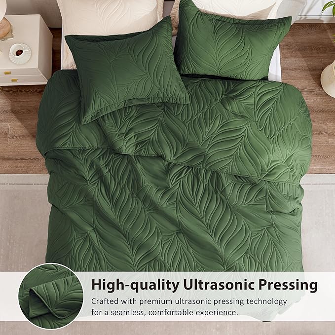 EXQ Home Quilt Set Twin Size Olive Green 2 Piece,Lightweight Soft Coverlet Modern Style Leaf Pattern Bedspread Set(1 Quilt,1 Pillow Sham)