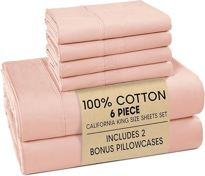 Casa Platino 100% Cotton Cal King Size Sheets Set – 6 Piece Crisp Percale Cal King Size Cooling Sheets, Lightweight for Summer, with 15" Deep Pocket Fitted Sheet, Comfortable Sleep – Veiled Rose
