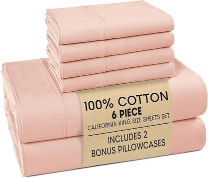 Casa Platino 100% Cotton Cal King Size Sheets Set – 6 Piece Crisp Percale Cal King Size Cooling Sheets, Lightweight for Summer, with 15" Deep Pocket Fitted Sheet, Comfortable Sleep – Veiled Rose