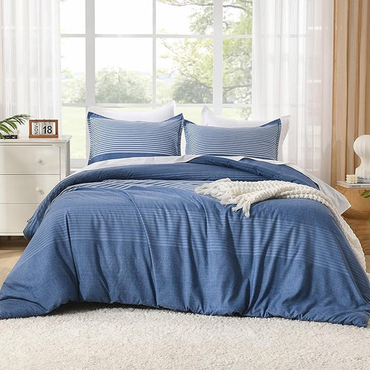 Litanika Comforter Set Full Size Sapphire Blue - 3 Pieces Lightweight Sapphire Blue White Colorblock Stripe Fluffy Bedding Comforter Sets, All Season Bed Set