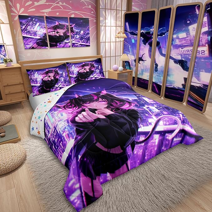 Erosebridal Kids Anime Girl Queen Size Bedding Set, Japanese Anime Comforter Set, Cartoon Girl Duvet Insert for Boys Teens Bedroom Decor, Kawaii Japanese Animation Quilt with 2 Pillow Cases