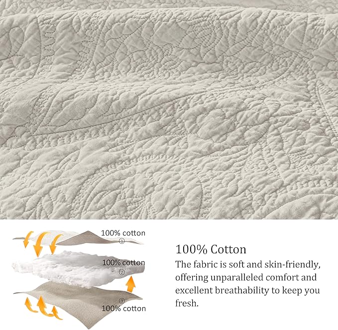PALASSIO Beige Paisley 100% Cotton Quilt California Cal King Size Bedding Sets with 2 Pillow Shams, Oversized Boho Floral Farmhouse Vintage Soft Bedspread Shabby Chic Coverlet for All Season, 3 Pieces