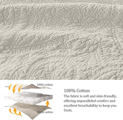 palassio Beige Paisley 100% Cotton Quilt Twin Size Bedding Sets with 1 Pillow Sham, Boho Floral Lightweight Farmhouse Country Vintage Soft Bedspread Shabby Chic Coverlet for All Season, 2 Pieces