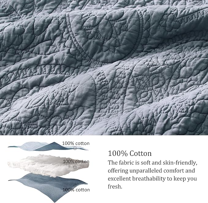 palassio Blue Paisley 100% Cotton Quilt California Cal King Size Bedding Sets with 2 Pillow Shams, Oversized Boho Floral Farmhouse Vintage Soft Bedspread Shabby Chic Coverlet for All Season, 3 Pieces