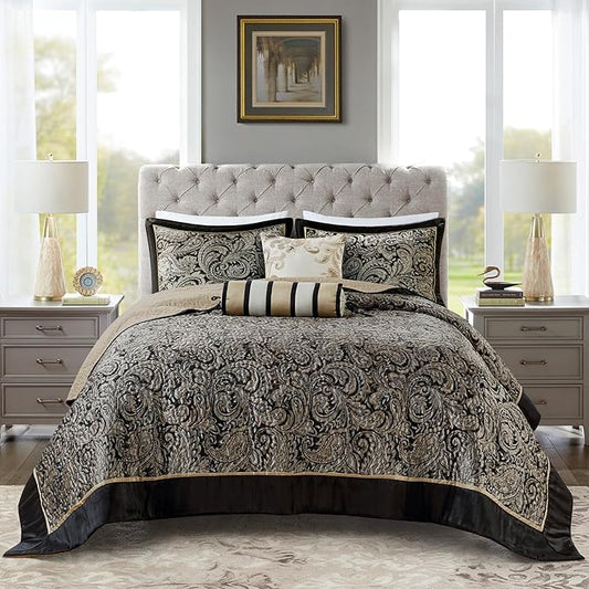 Madison Park Aubrey Reversible Quilted Bedspread Set, Solid Reverse Summer Breathable, Lightweight All Season Bedding Layer, Matching Shams, Bedspread Queen(102"x118"), Black 5 Piece