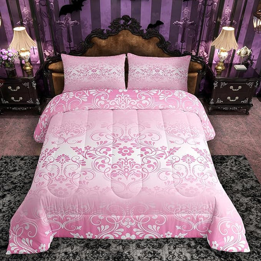 Feelyou Adults Pink Vintage Damask Floral Comforter Set Oriental Antique Comforter Twin Size Gothic Bohemia Boho Flower Bedding Set Bohemian Exotic Duvet Set Quilt Set 2Pcs