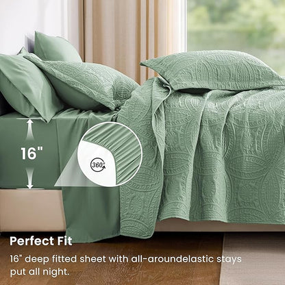 Love's cabin Queen Quilt Set Sage, Bed in a Bag Queen Size Bedding 7 Pieces, Ultrasonic Embossed Coin Pattern Comforter, Lightweight Bedspreads for All Seasons Quilt with Sheets, Pillowcases & Shams
