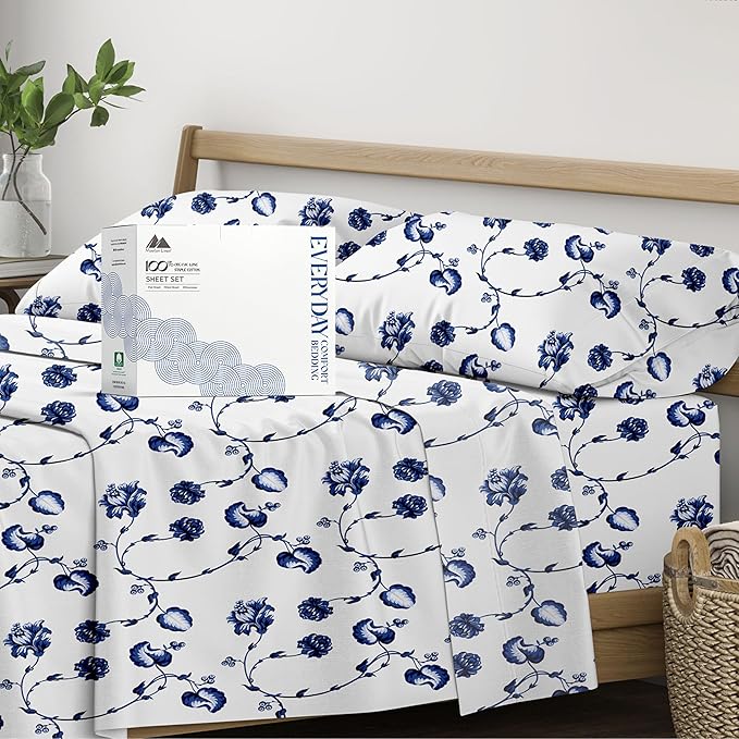 Mayfair Linen 100% Organic Cotton Printed Sheets California King Size - Percale Weave Cotton Cal King Size Sheet Set (4 PC, Floral Blue), Soft & Crisp, GOTS Certified, Cooling Sheets, 16" Deep Pocket
