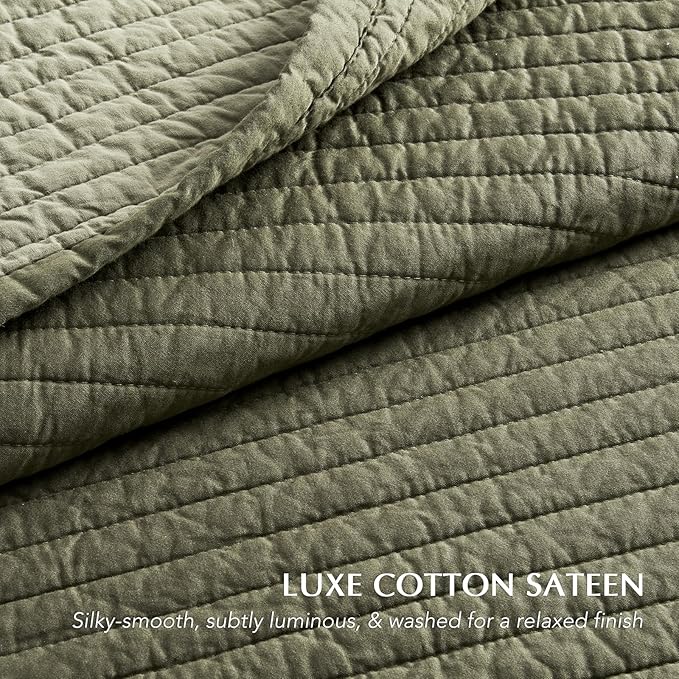 EVERGRACEHOME Cotton Sateen Quilt Set King Size, Pre-Washed Cotton Channel Stitch Coverlet Bedspread, 3 Pieces Lightweight Soft Bedding Sets for All Season, with 2 Pillow Shams, Olive Green